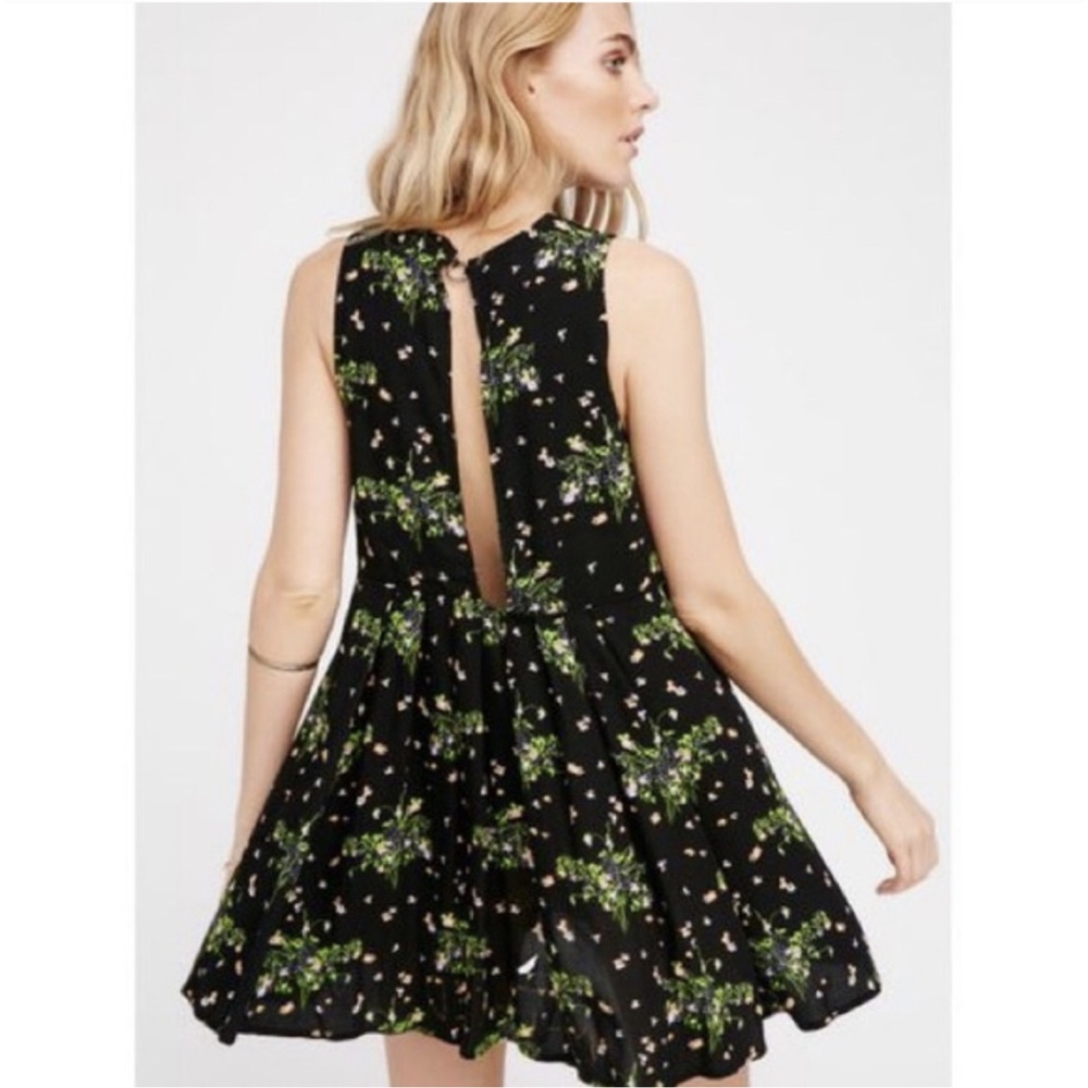 FREE PEOPLE Lovely Day Mini Dress Black Tie Front Open Back Floral Women…